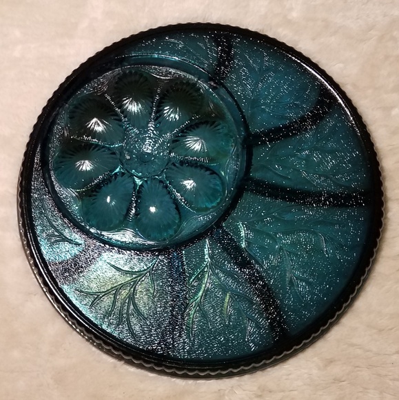 Vintage Indiana Glass Pebble Leaf Blue Platter - Picture 1 of 7